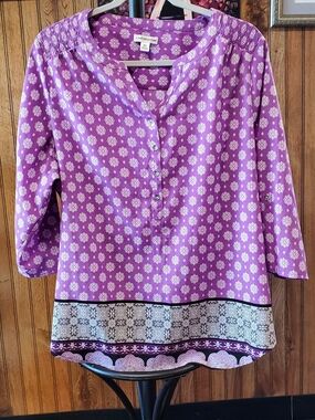 Croft & Barrow Purple Printed Henley Tunic with Border